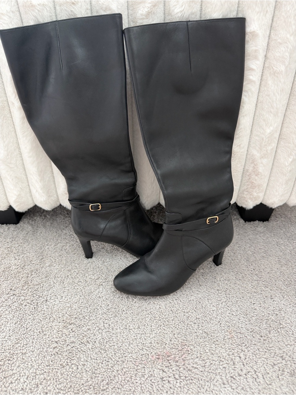 Ralph Lauren Black Leather Knee-High Heeled Boots